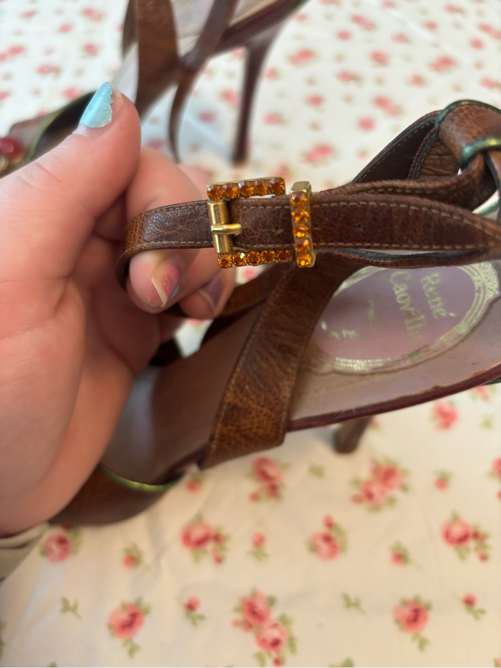 Rene Caovilla Y2K Brown Leather Heels Jewel Flower - Picture 3 of 5